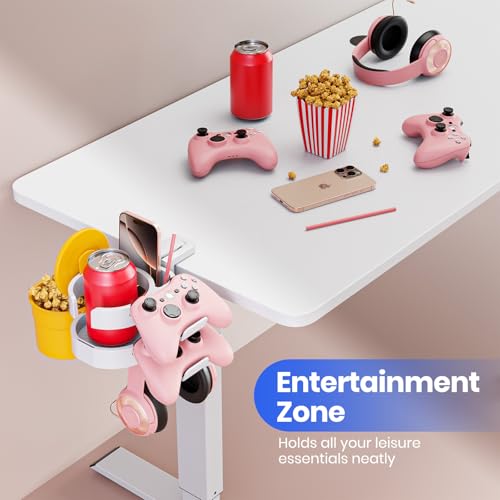 7-in-1 Cup Holder - EURPMASK Desk Organizer with Headphone, Controller Holder, Snack Bucket, and Phone Holder, Clamp-On Desk Accessory with Sturdy Large Storage, Easy to Install, White - color: White