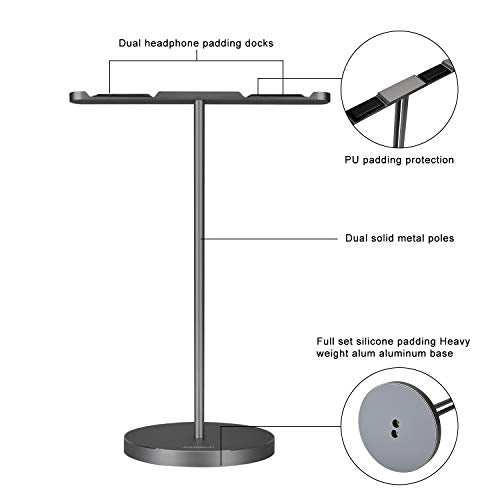 JOKItech Double Headphones Stand, Aluminum Alloy Desk 3 Headsets Holder Supporting Desktop Earphone Hanger Mount Storage Rack with Heavy Base for Home and Office Display Spacegrey - color: Spacegrey