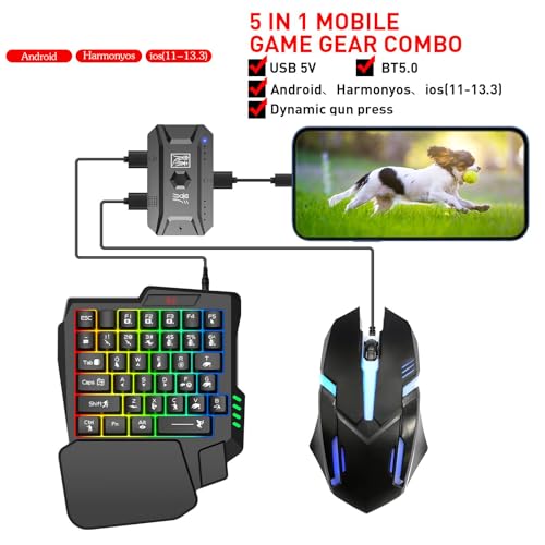Docooler Half Hand Keyboard and Mouse Combo, 25 Keys Single Handed Wired RGB Keyboard and Gaming Mouse Converter, Support Customize Button, for Android, PC Gaming Player