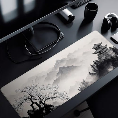 Pagoda Mouse Pad Abstract Cherry Blossom Watercolor Mouse Pad 31.5x11.8 Inch Texture Non-Slip Rubber Base Large Mousepad Stitched Edges Keyboard Mouse Mat Desk Pad for Office - color: Pagoda