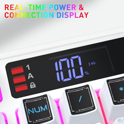 Redragon K526 PRO RGB Wireless Membrane Gaming Keyboard, 104 Keys Mechanical-Feel Keyboard w/LED Info Display, Media/Backlit Knob Control, Smooth Linear Switch & Software Supported - color: White