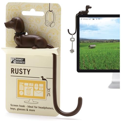 Monkey Business Rusty The Dog Tail Hook for Computer Screen, Desk Headphone Hanger Organizer Decorative Hooks, Adhesive Hook for Hanging Keys Cables Hats and Computer Accessories - color: Rusty - Brown