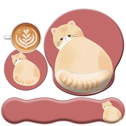3-in-1 Cute Mouse Pad and Keyboard Wrist Rest Support, [ 20% Larger] Anime Kawaii Gel Wrist Rest with Non-Slip PU Base, Ergonomic Mouse Pad with Coaster,Pain Relief,Game Work Study Home Office-Cat - color: Cat-3in1
