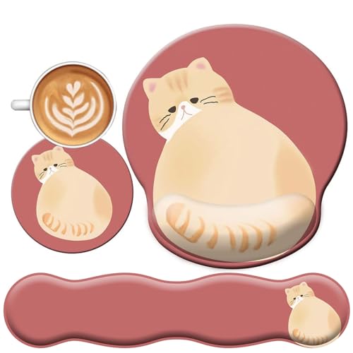 3-in-1 Cute Mouse Pad and Keyboard Wrist Rest Support, [ 20% Larger] Anime Kawaii Gel Wrist Rest with Non-Slip PU Base, Ergonomic Mouse Pad with Coaster,Pain Relief,Game Work Study Home Office-Cat - color: Cat-3in1