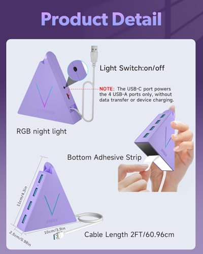 4-Port USB 3.0 Hub Tower with 2ft Cable - USB Splitter for Laptop,PC,PS4,PS5,Xbox,Mouse,Keyboard,Hard Drives,Mobile HDD(Light Purple) - color: LightPurple-A