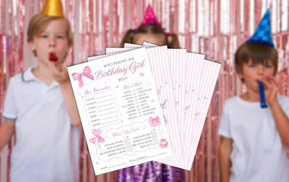 Birthday Party Card Games, Pink Bow Themed Who Knows The Birthday Girl Best Game Cards, Fun Sleepover Party Game For Kids Adults, Fun Girls Night Activities Supplies, 06 - color: Pink Bow Who Knows The Birthday Girl Best