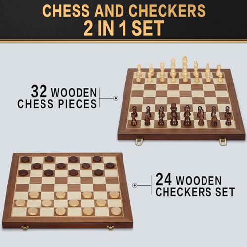 2 in 1 Magnetic Wooden Chess and Checkers Board Game Set, 15" Folding Chess Boards with 2 Extra Queens, Portable Travel Chess Sets with Pieces Storage Slots, Beginner Chess Game Set for Kids, Adults - style: 2 in 1 Magnetic Chess Set