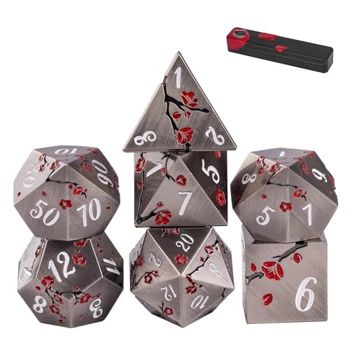 UDIXI Metal DND Dice Set Nickel, 7PCS Metal Polyhedral Dice Set for D&D RPG | Red Flower, Metal Case Packaging, Heavy Metal Dice, D&D Gift, for Dungeons and Dragons Role Playing Games Tabletop Games - color: Flower/Nicklewhite