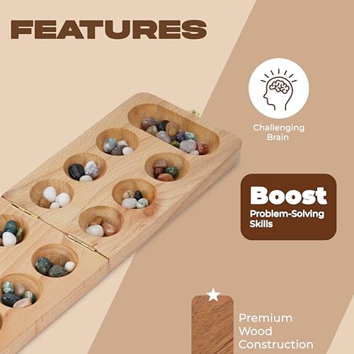 Ajuny Mancala Board Game, Real Natural Stones, Folding Wooden Travel Set | Solid beech wood, 80 unique real stones (48+32), folds & latches shut. Screen-free 2 player game for family night, kids 6+ - size: 8 Inch