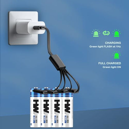 HW Rechargeable AA Lithium Batteries, [1.5V, 4-Pack] 3600mWh High Capacity USB C Battery Fast Charging, 1000 Cycles Pilas Recargables for VR/Gaming Controllers, Wireless Mice/Keyboards, Remotes, etc. - size: 4-Pack