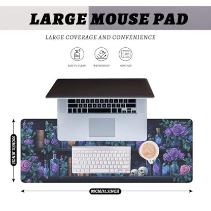 Bookshelf Gaming Mouse Pad Purple Roses Gothic Fantasy Potion Extended Mousepad Waterproof Stitched Edges Rubber Base Non-Slip Deskmap Computer Keyboard Mat 31.5x11.8 Inch - color: Bookshelf_06, size: 31.5L x 11.8W inches