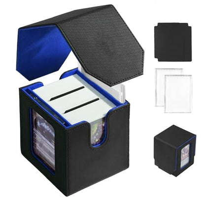 Commander Dual Display Deck Box — Patented Design Holds 130 Double-Sleeved/100 Triple-Sleeved Cards, Includes 2 Thick Card Bricks & 2 Dividers, Leather Multi-Function Storage Case (black Blue) - color: Black/Blue