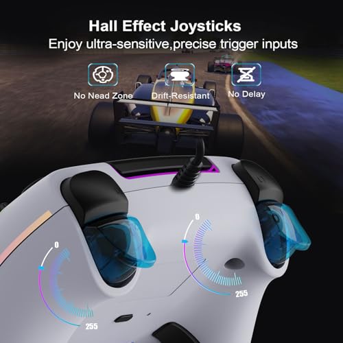 RGB Wired Game Controller for PlayStation 5 Replacement Gamepad with Hall Effect Trigger for PS-5 & Windows PC Double Vibration Motion Sensing Joystick Remote Joypad with Turbo,Macro Mapping (White) - color: White