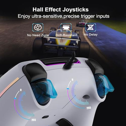 RGB Wired Game Controller for PlayStation 5 Replacement Gamepad with Hall Effect Trigger for PS-5 & Windows PC Double Vibration Motion Sensing Joystick Remote Joypad with Turbo,Macro Mapping (White) - color: White