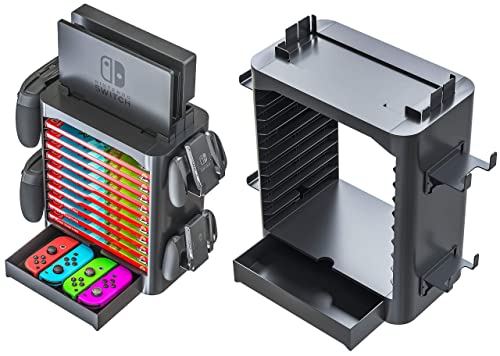 NS Compatible Nintendo Switch Games Holder, Nintendo Switch Stand - Black | Holds up to 10 Game Case & 4 controllers Game Disk Rack, Switch Holder Stand for Gamers, Nintendo Switch Accessories - color: Black