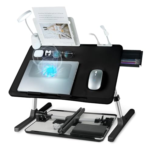 Adjustable Laptop Lap Desk with Cooling Fan USB Light for Adults 56x32cm,Black - color: Black,56-32cm