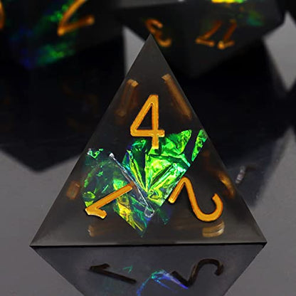 Haxtec Sharp Edge DND Dice Set, Iridecent Resin Polyhedral RPG Dice | Black Galaxy Green Holographic D&D Dice, Compatible with Dungeons and Dragons, Handmade 7-Die with Metal Case, MTG Gifts - color: Black Green