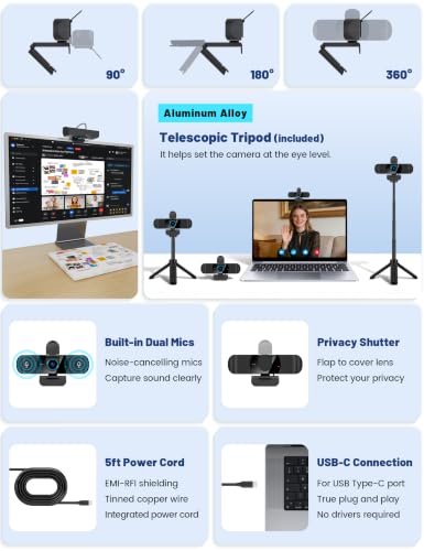 Pro QHD 2K/60fps Webcam with Tripod, External USB-C Camera for PC/Laptop | Dual noise-cancelling mics | Auto-focus | Wide-angle | Low-light correction | 360° rotation | CMOS sensor | Plug and Play - style: 2K | 60fps | USB-C Cable | Tripod Included