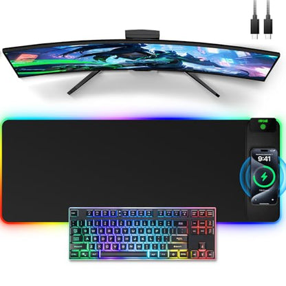 Wireless Charging Mouse Pad, 31.5"x11.81" XL Gaming Mousepad with 11 RGB Colors & 5 Lighting Modes, Home Office Large Desk Pad, Ultra-Smooth Surface, Non-Slip, Waterproof Keyboard Pad Black Desk Mat - color: 31.5x11.81"-Black Right Upgraded