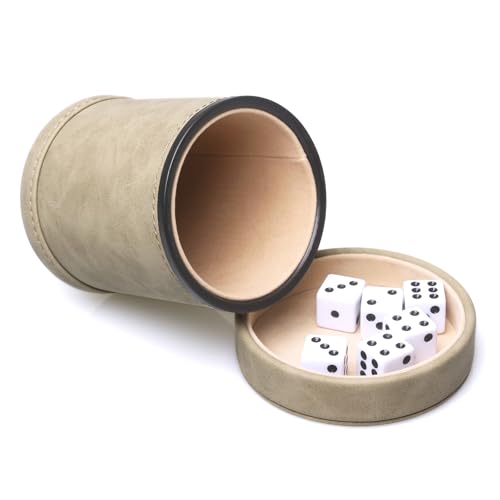 Brown Suede Faux Leather Dice Cup with Lid, Soft Felt Interior Quiet Dice Shaker Cup with 6 Dice for Liars Dice/Farkle/Yahtzee Games, 1 Pack - color: Suede Brown