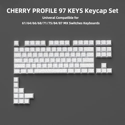 White Topographic PBT Keycaps,97 Key Caps Set Side Printed,No Tear & Fade Shine Through RGB Backlit Cherry Profile Keycaps (Ergonomic,Doubleshot) for 61/64/66/68/71/75/84/87 MX Mechanical Keyboards - color: 97 Keys-White