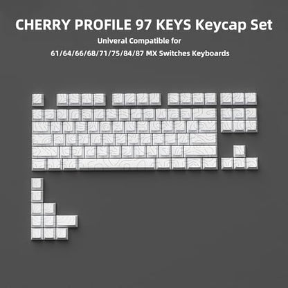 White Topographic PBT Keycaps,97 Key Caps Set Side Printed,No Tear & Fade Shine Through RGB Backlit Cherry Profile Keycaps (Ergonomic,Doubleshot) for 61/64/66/68/71/75/84/87 MX Mechanical Keyboards - color: 97 Keys-White