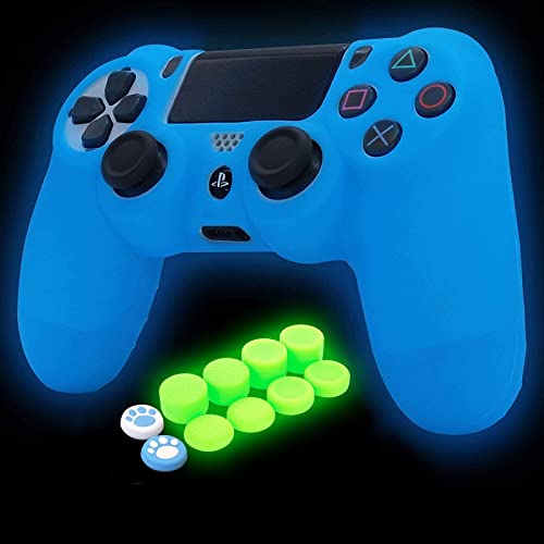 Blue Controller Skin Silicone Grip Glow in Dark Protective Case Compatible with PS4/Slim/Pro Controller with 8 Glow in The Dark Thumb Grips Caps + 2 Cute Cat Paw Thumb Grips Caps. - color: Glow Blue