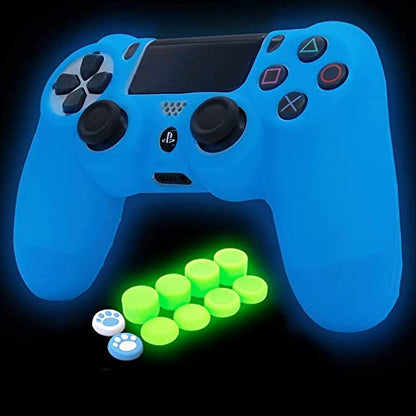 Blue Controller Skin Silicone Grip Glow in Dark Protective Case Compatible with PS4/Slim/Pro Controller with 8 Glow in The Dark Thumb Grips Caps + 2 Cute Cat Paw Thumb Grips Caps. - color: Glow Blue