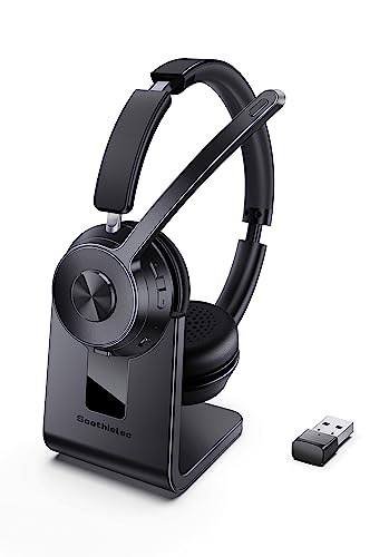 Soothielec Bluetooth Headset with Noise Cancelling Microphone, Wireless Headset with Mic for Work & USB Dongle for PC/Computer/Laptop/Cell Phones - color: Dark Black