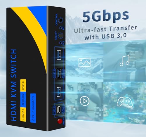 DP HDMI KVM Switch 2 Monitors 2 Computers Display Port | 8K@60HZ, DP and HDMI KVM Switches,USB3.0 with USB C - size: 2 PC 2 Monitor-8K Black