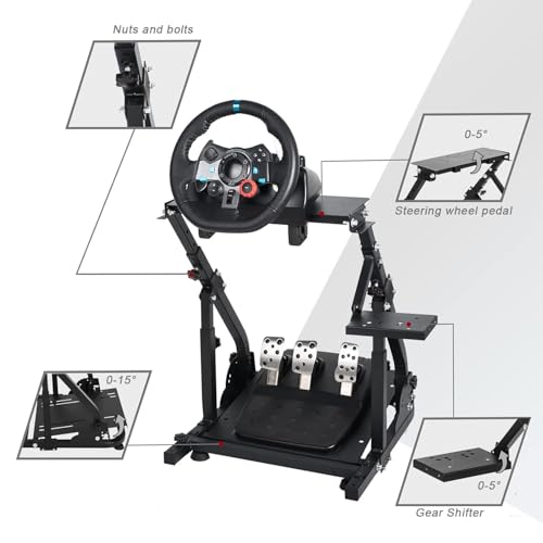 Hottoby Racing Steering Wheel Stand Foldable & Reinforcement Bar Fit for Logitech G25 G29 G923,for Thrustmaster T300RS T80 T150,Driving Simulator Frame Adjustable,No Steering Wheel,Pedals & Handbrake