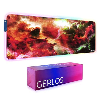 Gerlos RGB Gaming Mouse Pad, Large LED Desk Mat, 31.5 x 11.8 Inch | 12 light modes, non-slip base, water-resistant surface, stitched edges - color: Red
