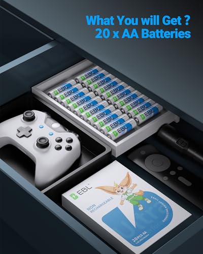 EBL AA Batteries 20 Pack Non-Rechargeable 1.5V Alkaline Double A Batteries | Upgraded 2X Power for Flashlight, Remote control, Toys, Clocks, 12-Year Shelf Life, Leak-resistant - size: AA 20 Count (Pack of 1)