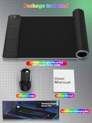 Mouse Pad with Wireless Charger Foldable Phone Holder, XXL RGB Gaming Mousepad 31.5"x15.8" Large Desk Mat for Keyboard, Black Desk Pad with Dual Qi Charging Station, 11 Colors 5 Modes - color: Black-Phone Holder-31.5"x15.8"