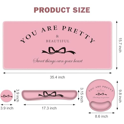 Gaming Mouse Pad, Large Desk Mat, 4in1 XXL Mousepad Cute Desk Pad Protector | Keyboard Wrist Rest+Mouse Wrist Rest+Coaster Set with Ergonomic Desk Pad for Home Office Table Computer, Pink Pretty Bow - color: Pink Pretty Bow