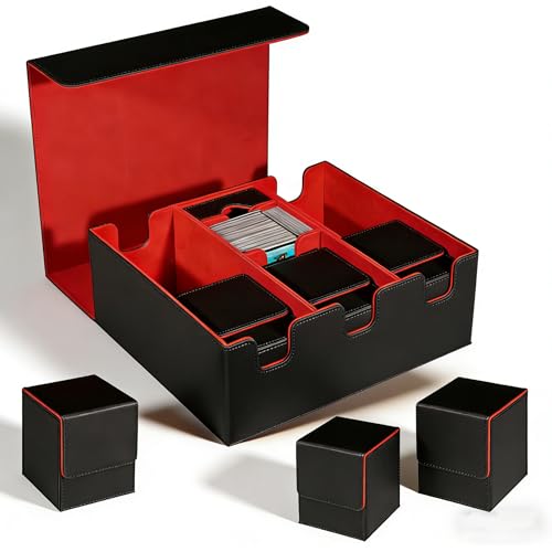 Trading Card Storage Box with 3 Detachable Deck Cases, Large TCG Card Collection Holder for 1800+ Cards, Water-Resistant PU Leather Deck Storage Case for Sleeved Cards - Red - color: ART - 3200 Black