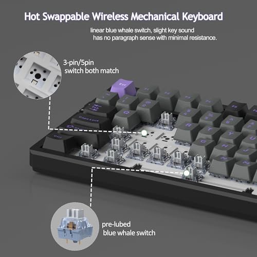 MageGee LIGHT87 Wireless Creamy Keyboard, Gasket Structure Hot Swappable Mechanical Keyboards, 2.4G/USB-C/BT5.0 RGB Backlit Gaming Keyboard for Win/Mac/PC, 4000mAh Battery, PBT Keycaps, Purple - color: Black Purple/Blue Whale Switch