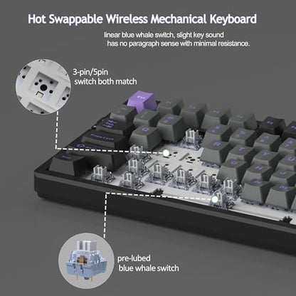 MageGee LIGHT87 Wireless Creamy Keyboard, Gasket Structure Hot Swappable Mechanical Keyboards, 2.4G/USB-C/BT5.0 RGB Backlit Gaming Keyboard for Win/Mac/PC, 4000mAh Battery, PBT Keycaps, Purple - color: Black Purple/Blue Whale Switch