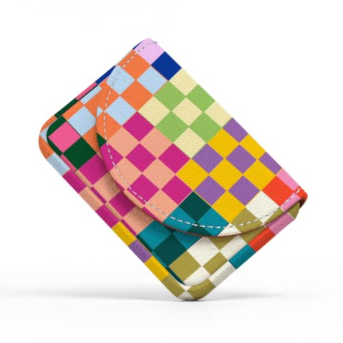 Business Card Holder，PU Leather Business Card Case Purse Colorful Checkered | Pocket Travel Name Card Case for Men and Women Gift，Portable Magnetic Business Card Carrier for Purse - color: Colorful Checkered