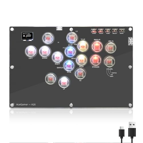 AceGamer Arcade Stick 16Keys All-Button Gamerfinger with Turbo Functions & Custom RGB,Arcade leverless Controller Street Fight for PC/Ps3/Ps4/Switch/Steam Game Keyboard-Supports Hot Swap & SOCD - color: Black