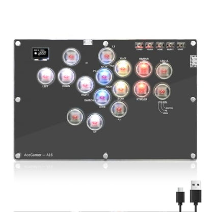 AceGamer Arcade Stick 16Keys All-Button Gamerfinger with Turbo Functions & Custom RGB,Arcade leverless Controller Street Fight for PC/Ps3/Ps4/Switch/Steam Game Keyboard-Supports Hot Swap & SOCD - color: Black
