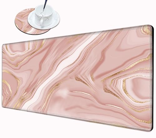 Gaming Mouse Pad Large Mousepad Pink Marble Desk Mat XXL Big Desk Pad 31.5x15.75 Rubber Base Computer Pad with Stitched Edges Mouse Mat for Work Game Home Office - color: Small Pink Marble, size: 31.5''x15.75''