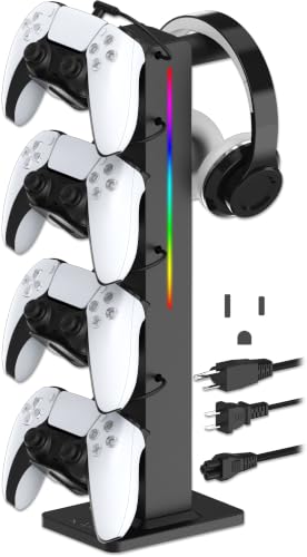 KAFRI RGB Gaming Headphone Stand with Controller Holder, Desk Organizer with Retractable Charger Cable, 2 AC Outlets & 4 Type-C Charging Ports, PC Gaming Accessories for Headset & Controller (Black)