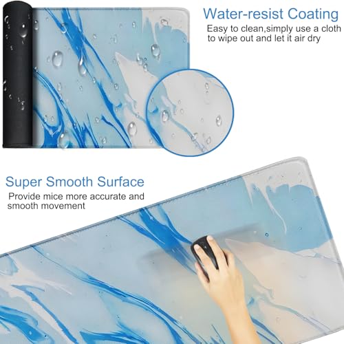 Extra Large Gaming Mouse Pad 31.5 x 11.8 in, Waterproof Mousepad with Stitched Edges, Premium Microfiber Cloth Surface, Non-Slip Base Keyboard Desk Mat for Home Office Gaming, Marble Blue White - color: Marble Blue White, size: 31.5L x 11.8W inches