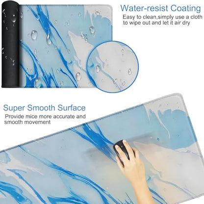 Extra Large Gaming Mouse Pad 31.5 x 11.8 in, Waterproof Mousepad with Stitched Edges, Premium Microfiber Cloth Surface, Non-Slip Base Keyboard Desk Mat for Home Office Gaming, Marble Blue White - color: Marble Blue White, size: 31.5L x 11.8W inches