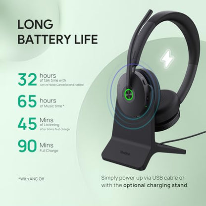 Yealink BH74 with Stand ANC Wireless Headset with Microphone for PC, Bluetooth Headset Noise Cancelling with 6 AI Mic, 32H Talk Time&Mute Button, Microsoft Teams Premium Open Office Certified for Work - color: Black (Teams), style: BH74 + stand