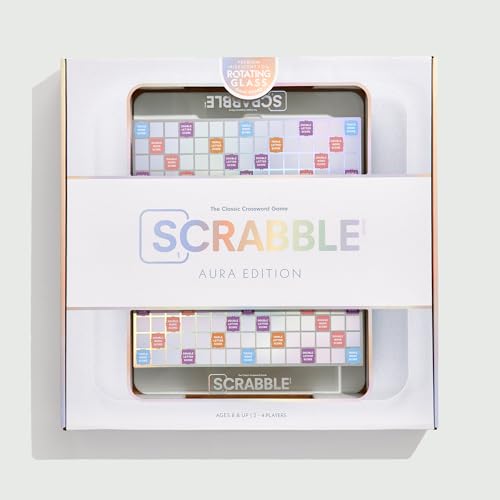 WS Game Company Scrabble Aura Edition, Iridescent Rotating Tempered Glass Board, Non-slip Metallic Wood Letter Tiles, Luxe Tile Racks & Organizer Tray, Family Word Board Games for 2-4 Players, Ages 8+