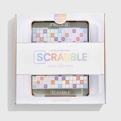 WS Game Company Scrabble Aura Edition, Iridescent Rotating Tempered Glass Board, Non-slip Metallic Wood Letter Tiles, Luxe Tile Racks & Organizer Tray, Family Word Board Games for 2-4 Players, Ages 8+