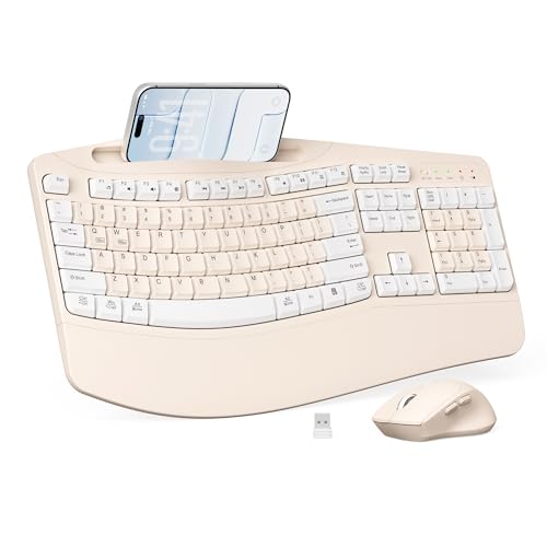 Wireless Keyboard and Mouse Combo, 2.4G Ergonomic Wave Keys(Milk Tea-A) | Full Size Ergonomic Keyboard with Wrist Rest, Phone Holder, 3-Level DPI Silent Mouse with 6-Buttons,for Windows/Mac OS/Laptop - color: Milk Tea-A