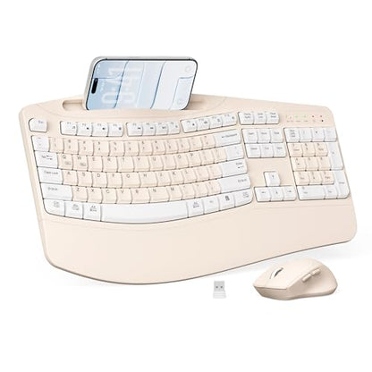 Wireless Keyboard and Mouse Combo, 2.4G Ergonomic Wave Keys(Milk Tea-A) | Full Size Ergonomic Keyboard with Wrist Rest, Phone Holder, 3-Level DPI Silent Mouse with 6-Buttons,for Windows/Mac OS/Laptop - color: Milk Tea-A